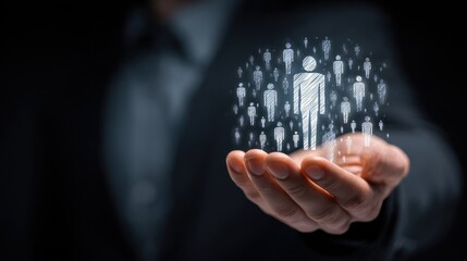 Strategic Growth: A businessman's open hand cradles a holographic representation of community, signifying expansion, connectivity, and human potential.