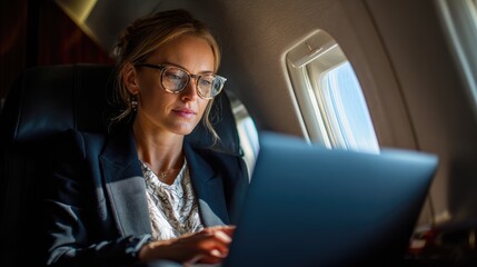 Businesswoman on the Fly: A focused and elegant businesswoman, immersed in her work on a laptop aboard a private aircraft, epitomizes the concept of business travel and remote productivity.