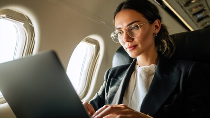 Focused Journey: A business person, immersed in work on a laptop, gazes thoughtfully from an airplane window, embodying the spirit of a connected travel experience.