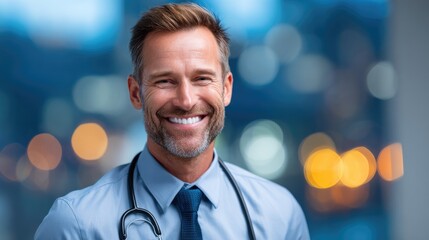 A Doctor's Warmth: A distinguished doctor with a comforting smile, stethoscope in place, offers a sense of trust and reassurance. Set against a softly blurred backdrop.