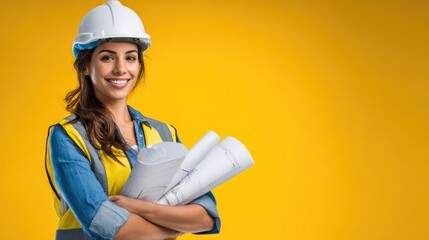 Confident Architect in Construction: A skilled female architect, wearing a white helmet and safety vest, confidently holds blueprints, a testament to her expertise and dedication.