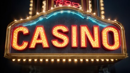 Casino Sign at Night: A vibrant casino sign illuminates the night, its bright lights drawing attention to the word "CASINO." The sign is a classic design.