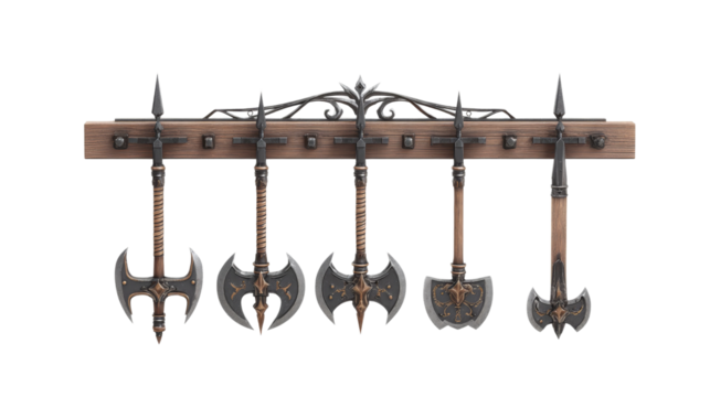 Medieval axes displayed on wooden rack object isolated on transparent background.