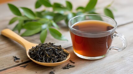 Refreshing black tea in glass cup with loose leaves on wooden table for relaxation and enjoyment
