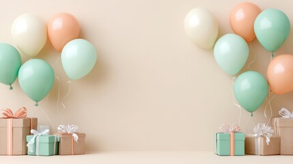 Soft pastel birthday celebration background with mint green and peach balloons and gifts