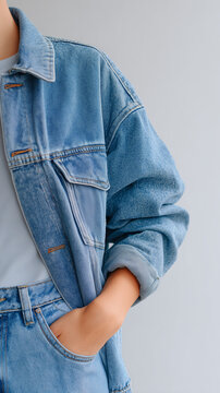 woman in jeans, close-up of a model wearing a matching denim jacket and high-waisted jeans set