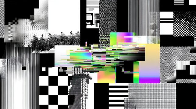 Abstract digital art composed of fragmented geometric shapes and distorted patterns.