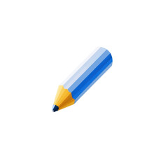 A stylized 3D icon representing a sharp pencil with a blue body and a yellow sharpened tip on a transparent background suitable for editing and creative design applications