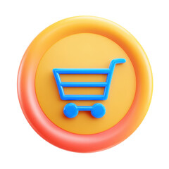 A vibrant 3d icon representing a modern shopping cart on a bright orange circular background suitable for e-commerce platforms and digital interfaces