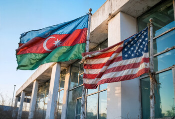 azerbaijani and us flags flutter in the wind near the dilapidated embassy building