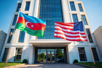 flag of the United States of America and Azerbaijan in front of the embassy building