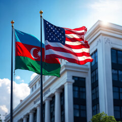 flags of the United States of America and Azerbaijan against the backdrop of the embassy building