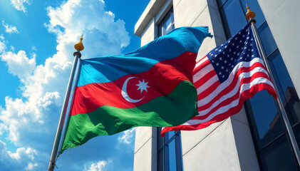 US and Azerbaijani flags flutter in the wind against the backdrop of the business center