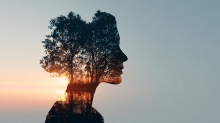 Woman Silhouette with Tree Landscape Double Exposure