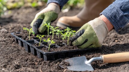 Fototapeta premium Gardening basics: hands planting seedlings in soil with gloves for sustainable farming
