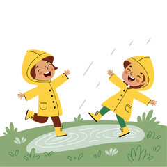 Two joyful children wearing yellow raincoats and boots gleefully splashing in a puddle on a rainy day surrounded by green grass and stylized plants