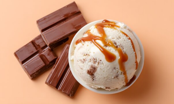 beige chocolate ice cream ball with caramel sauce jam on the ice cream, five chocolate bars are near the ice cream ball on clear light orange background, Generative AI - Powered by Adobe