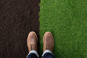 Transition from soil to grass concept with brown boots in top view for nature and environment design