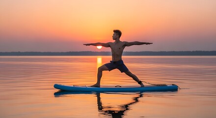 Athletic Young Man Practicing Yoga on Paddleboard at Sunset Calm Water