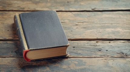  worn, vintage hardcover book with a black cover rests on a rustic wooden surface, evoking a sense of history and timeless knowledge.