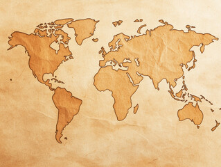 Vintage-style world map with textured, aged paper background and continents outlined in brown tones.