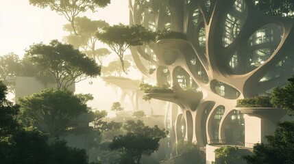 Futuristic eco-city landscape with organic architectural marvel and lush greenery