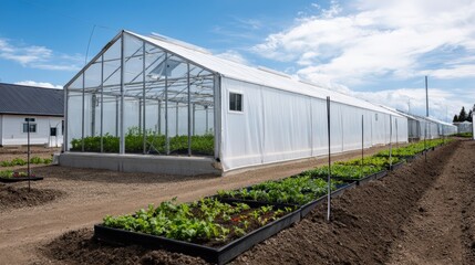 Vibrant greenhouse with rows of vegetable seedlings for sustainable farming