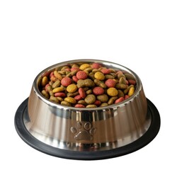 Dog food in stainless steel bowl with paw print pet supplies meal