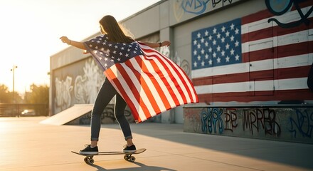 A young woman skateboarding with an american flag in a skatepark at sunset