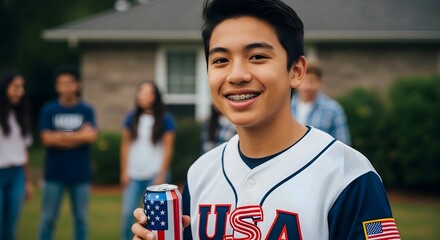 Teenager smiles holding usa themed drink with friends in the background smiles