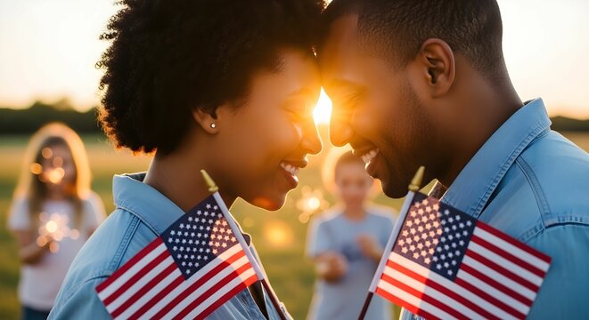 A couple with american flags forehead to forehead at sunset with family behind - Powered by Adobe