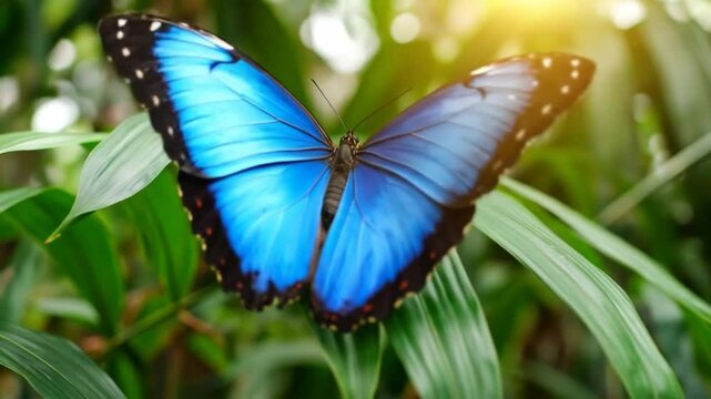 Vibrant blue morpho butterfly resting gracefully on lush tropical foliage
