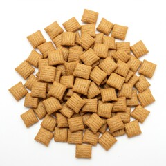 Delicious breakfast cereal squares scattered on white background