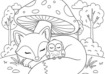 Sleeping Fox and Owl Forest Scene