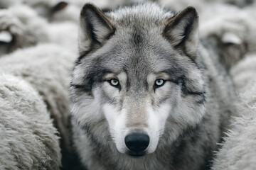 Obraz premium Grey wolf among sheep flock, intense stare close-up wildlife portrait
