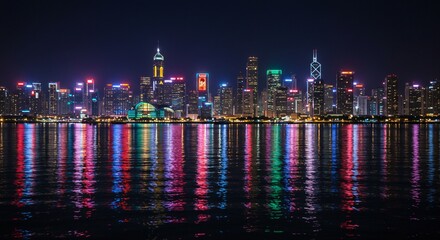 Obraz premium Neon City Skyline at Night with Vibrant Water Reflection