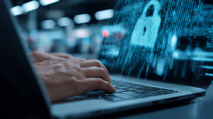 Cybersecurity concept featuring hands typing on a laptop as a holographic lock icon emerges from streaming blue code to signify data protection.
