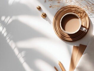 Modern Minimal Workspace Top View with Coffee and Natural Elements