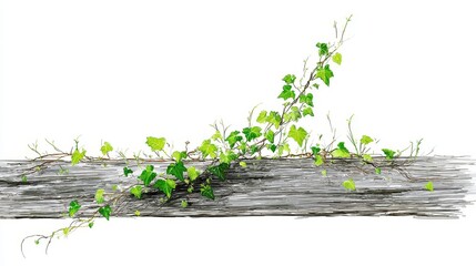 Greenery climbing a weathered wooden plank.