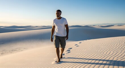 Man Walking Barefoot on Sunny White Sand Dunes
