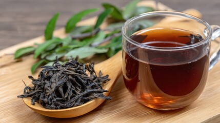 Fototapeta premium Refreshing black tea in glass cup with loose leaves on wooden surface