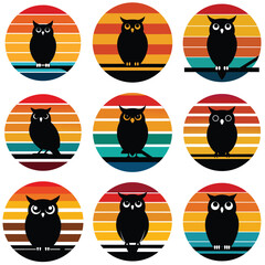 Collection of nine black owl silhouettes against colorful retro sunset circles