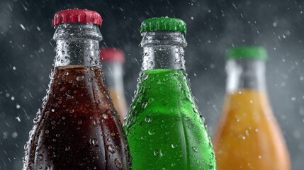 Close up of colorful soda bottles with condensation on rainy background