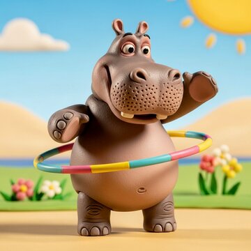 Claymation Hippo playing with hula hoop