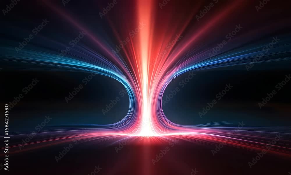 Poster exploring vibrant light patterns and dynamic motion in a surreal digital environment