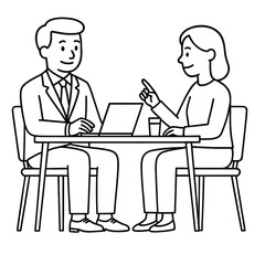 A man and a woman sit at a table, engaged in a business meeting, using a laptop and discussing ideas, showcasing effective teamwork and communication.