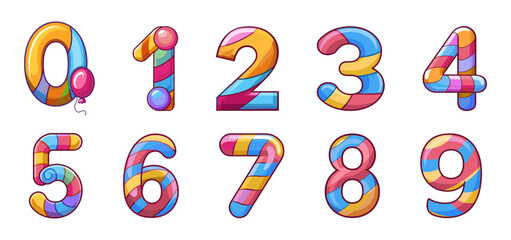 A set of colorful, candy-striped numbers from 0 to 9, resembling festive decorations, perfect for birthdays or playful design.