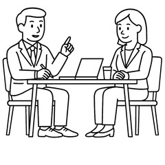 Fototapeta premium A man and a woman in business attire are sitting at a table, engaged in a discussion, with a laptop and drinks present, suggesting a business meeting or interview.