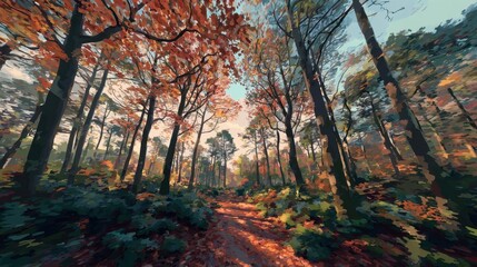Naklejka premium Autumnal forest path with vibrant fall foliage.