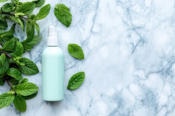 Mint Green Spray Bottle on Blue Marble Surface with Fresh Leaves
